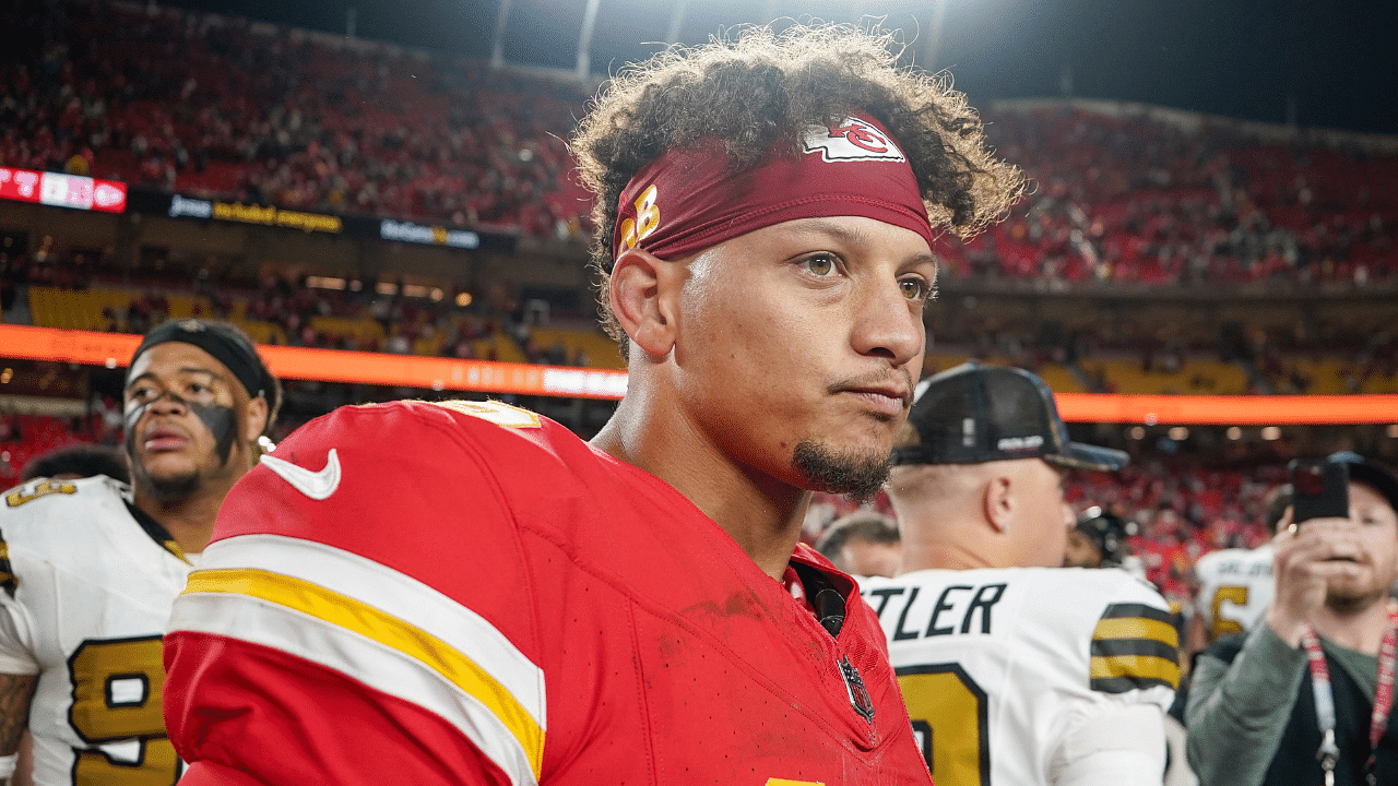 Kansas City Chiefs quarterback Patrick Mahomes (15) on field against the New Orleans Saints after the game at GEHA Field at Arrowhead Stadium.