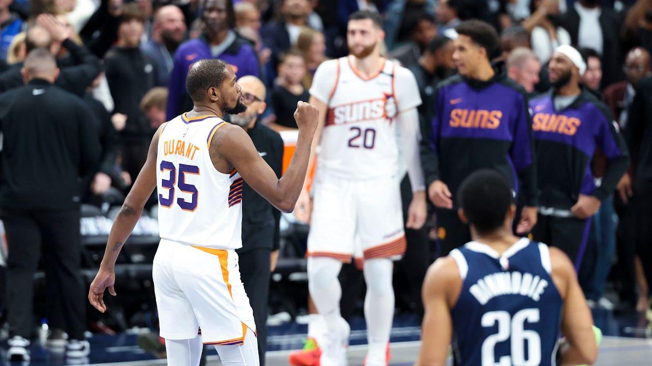 Phoenix Suns forward Kevin Durant (35) reacts after the game against the Dallas Mavericks at American Airlines Center.