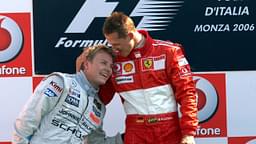 GP Monza 2006: Sieger Michael Schumacher (Deutschland Ferrari, re.) umarmt den Zweiten Kimi Räikkönen (Finnland McLaren Mercedes)