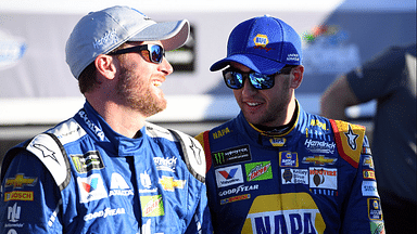 NASCAR Cup Series driver Dale Earnhardt Jr. (88) greet driver Chase Elliott (24) in victory lane after the two won the Front Row for the Daytona 500 at Daytona International Speedway. Chase Elliott won the Daytona 500 pole for second straight year.