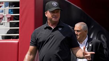 Las Vegas Raiders head coach Jon Gruden walks onto the field before the start of the game against the San Francisco 49ers at Levi's Stadium.