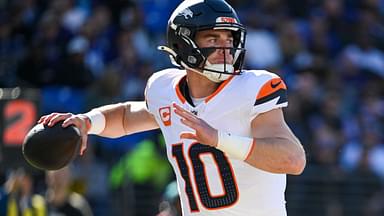 Denver Broncos quarterback Bo Nix (10) throws during the first quarter against the Baltimore Ravens at M&T Bank Stadium.