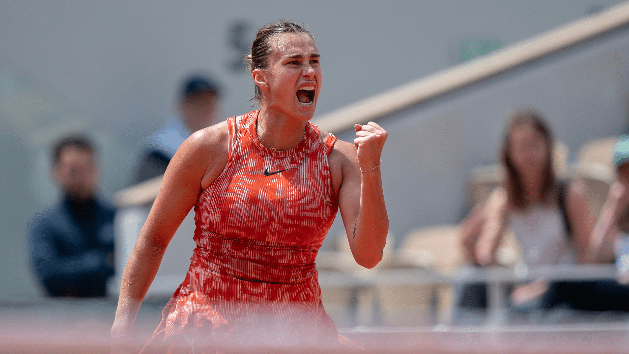 Aryna Sabalenka reacts to a point during her match against Emma Navarro