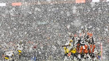 Nov 21, 2024; Cleveland, Ohio, USA; Pittsburgh Steelers place kicker Chris Boswell (9) kicks a field goal against the Cleveland Browns during the third quarter at Huntington Bank Field Stadium.