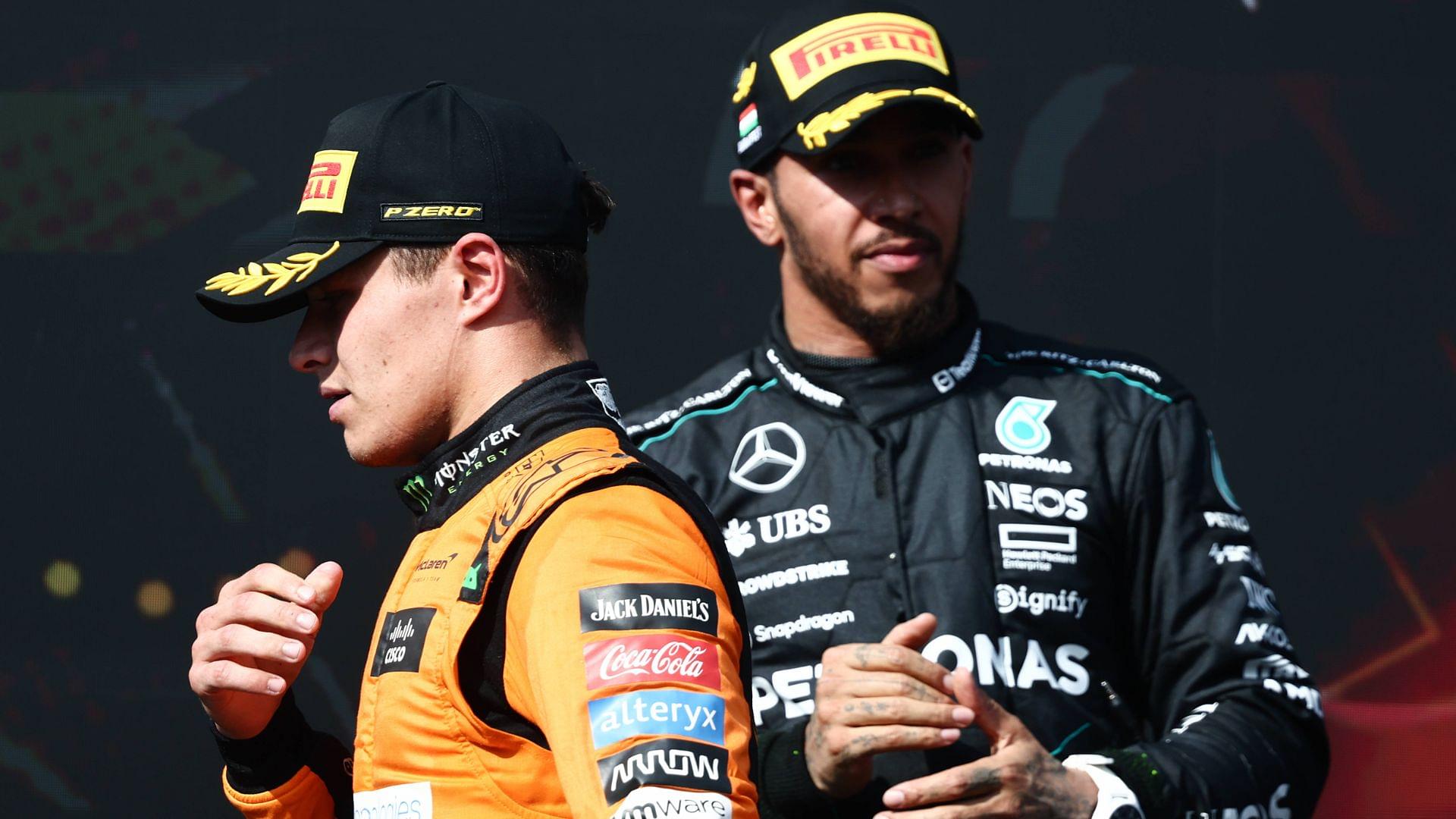 F1 Hungarian Grand Prix 2024 Lando Norris of McLaren and Lewis Hamilton of Mercedes after the Formula 1 Hungarian Grand Prix at Hungaroring in Budapest, Hungary on July 21, 2024