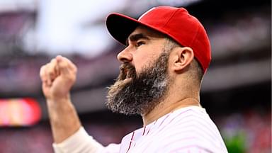 Former Philadelphia Eagle Jason Kelce reacts before the game between the Philadelphia Phillies and Atlanta Braves at Citizens Bank Park.