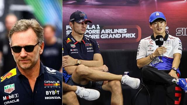 Christian Horner (L), Max Verstappen and Yuki Tsunoda (R)