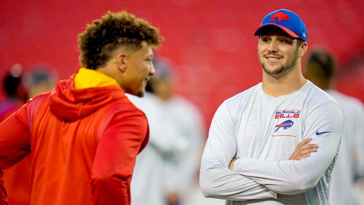 Oct 10, 2021; Kansas City, Missouri, USA; Buffalo Bills quarterback Josh Allen (17) talks with Kansas City Chiefs quarterback Patrick Mahomes (15) before the game at GEHA Field at Arrowhead Stadium.