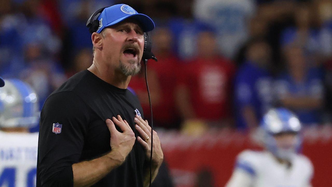 Houston, Texas, USA; Detroit Lions head coach Dan Campbell argues a call while playing against the Houston Texans in the second half at NRG Stadium.