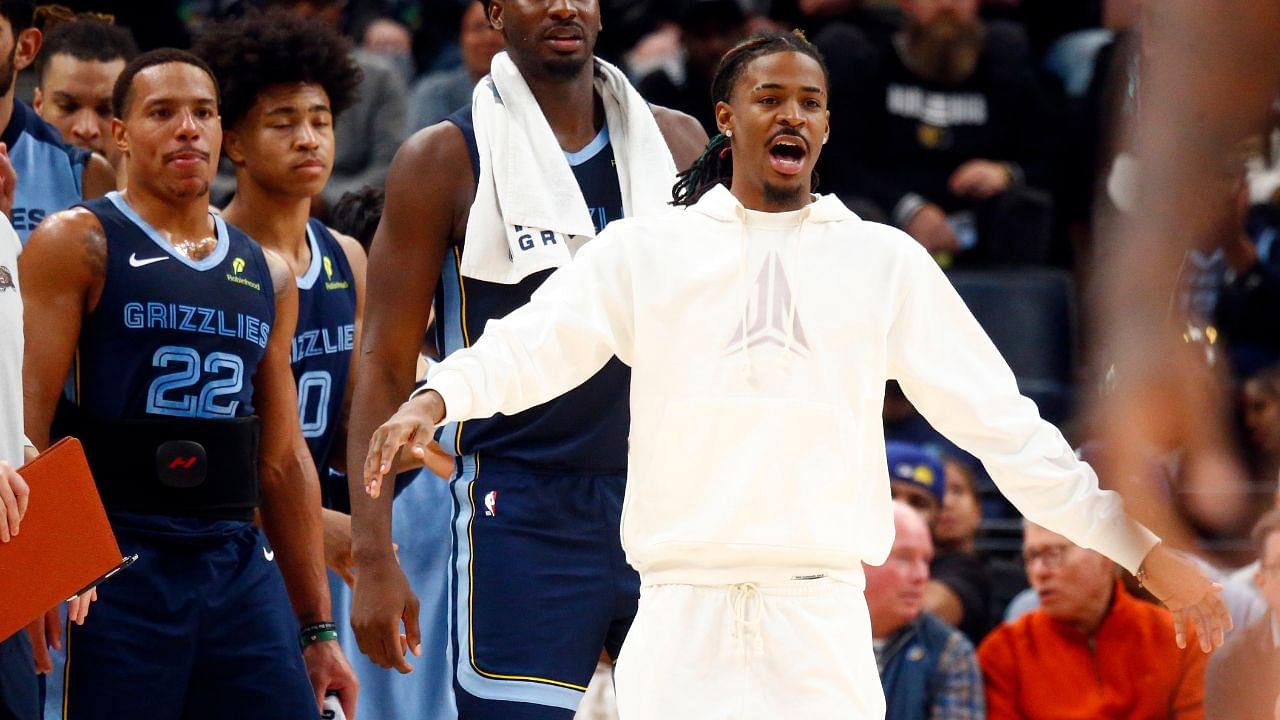 Memphis Grizzlies guard Ja Morant reacts from the bench during the first half against the Philadelphia 76ers at FedExForum.