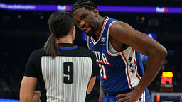 Joel Embiid argues with ref