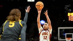 USC Trojans guard JuJu Watkins (12) shoots a jump shot during the second half against Baylor Lady Bears guard Darianna Littlepage-Buggs (5) in the semifinals of the Portland Regional of the 2024 NCAA Tournament at the Moda Center.