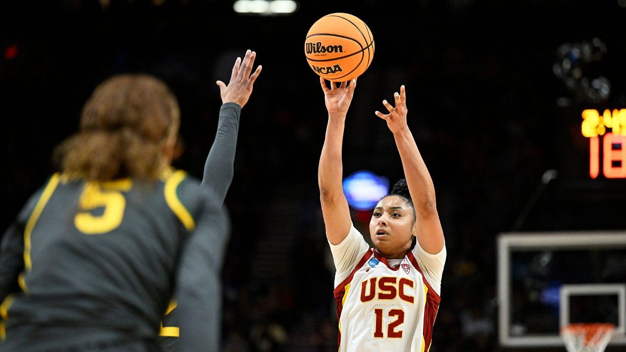 USC Trojans guard JuJu Watkins (12) shoots a jump shot during the second half against Baylor Lady Bears guard Darianna Littlepage-Buggs (5) in the semifinals of the Portland Regional of the 2024 NCAA Tournament at the Moda Center.