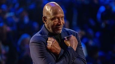 NBA great James Worthy is honored for being selected to the NBA 75th Anniversary Team during halftime in the 2022 NBA All-Star Game at Rocket Mortgage FieldHouse