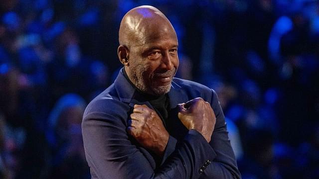 NBA great James Worthy is honored for being selected to the NBA 75th Anniversary Team during halftime in the 2022 NBA All-Star Game at Rocket Mortgage FieldHouse