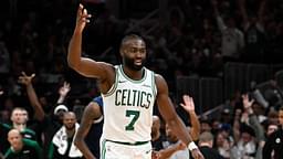 Boston Celtics guard Jaylen Brown (7) reacts to his three point basket against the Minnesota Timberwolves during the second half at TD Garden.