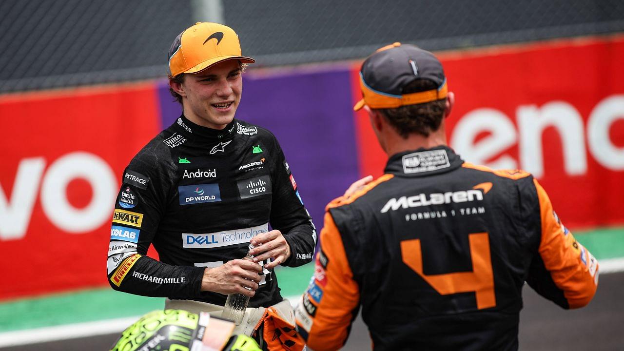 Oscar Piastri of the McLaren F1 Team MCL38 and Lando Norris of the McLaren F1 Team MCL38 pose for a portrait