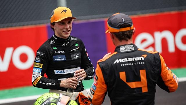 Oscar Piastri of the McLaren F1 Team MCL38 and Lando Norris of the McLaren F1 Team MCL38 pose for a portrait