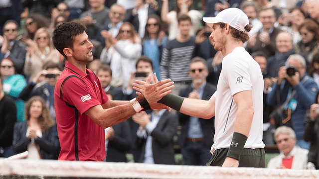 Novak Djokovic (SRB) (L) and Andy Murray (GBR) at the net after their match on day 15 of the 2016 French Open