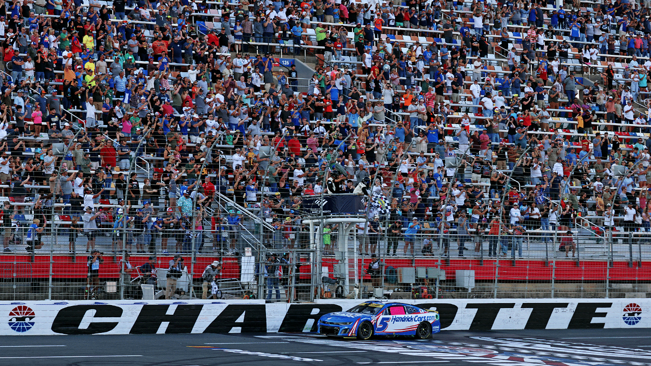 NASCAR Cup Series driver Kyle Larson (5) wins the Bank of America ROVAL 400 at Charlotte Motor Speedway Road Course.