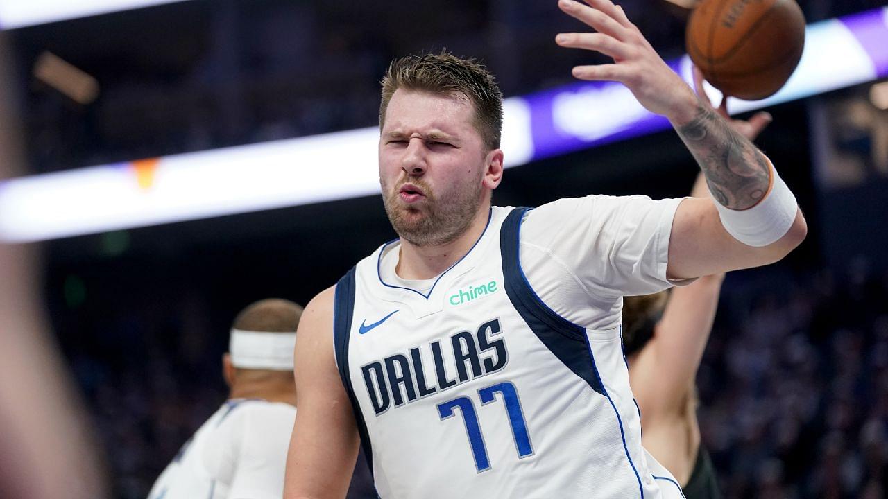 Dallas Mavericks guard Luka Doncic (77) reacts after making a layup against the Golden State Warriors in the second quarter at the Chase Center.