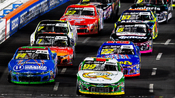 NASCAR Mexico Series drivers Daniel Suarez (99) and Alex de Alba (14) lead the field to the green flag during a NASCAR Mexico Series race at the Los Angeles Memorial Coliseum.