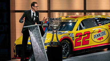 NASCAR Cup Series champion Joey Logano speaks during the NASCAR Awards Show at Music City Center in Nashville, Tenn.