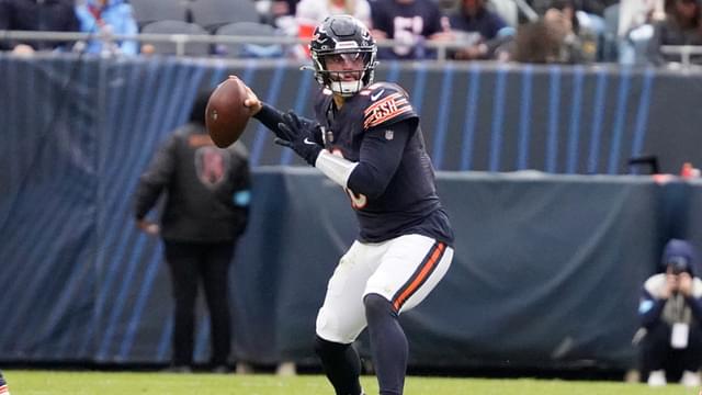 Nov 10, 2024; Chicago, Illinois, USA; Chicago Bears quarterback Caleb Williams (18) looks to pass against the New England Patriots during the second half at Soldier Field.