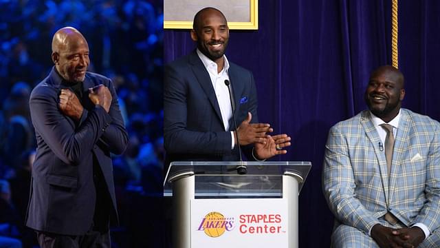 James Worthy (L), Kobe Bryant and Shaquille O'Neal (R)