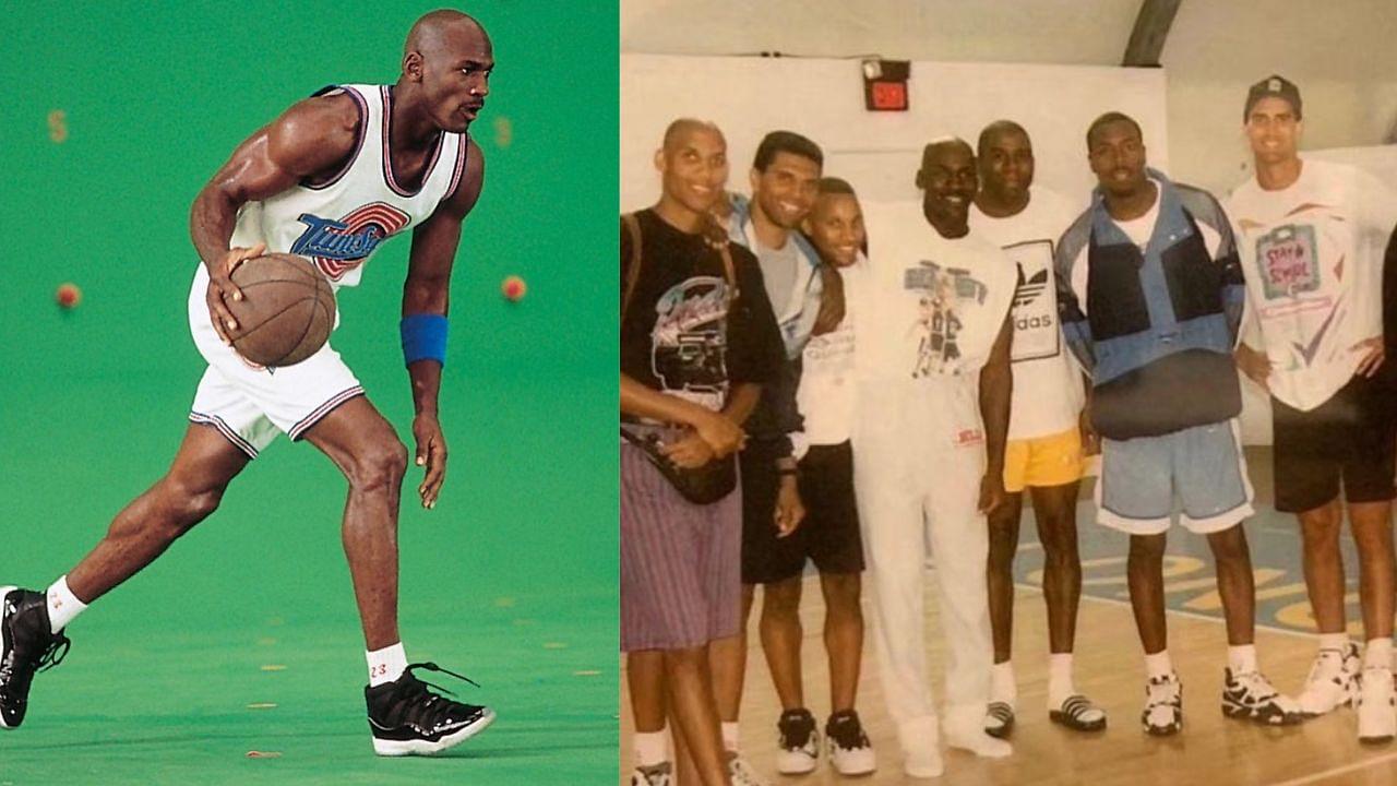 Michael Jordan on Space Jam's Set (L) and Jordan Dome's Pickup game gathering (R)