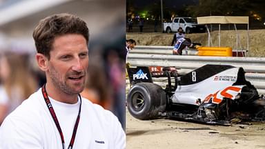 Romain Grosjean (L) and 2020 Bahrain GP Crash of his Haas car (R)