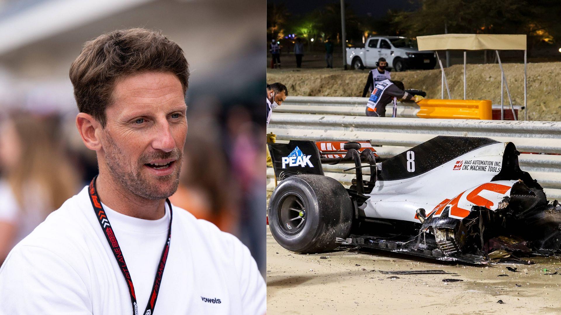 Romain Grosjean (L) and 2020 Bahrain GP Crash of his Haas car (R)