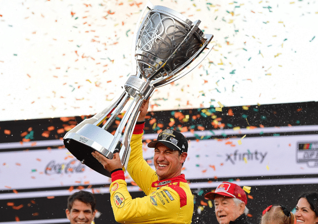 NASCAR Cup Series driver Joey Logano (22) celebrates his championship victory following the Cup Series championship race at Phoenix Raceway.