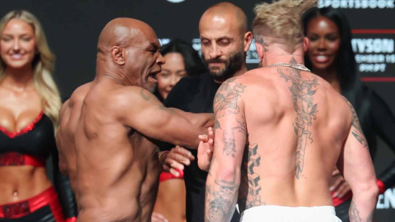 Mike Tyson slaps Jake Paul after weighing in at the Toyota Music Factory.