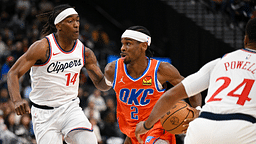 Oklahoma City Thunder guard Shai Gilgeous-Alexander (2) drives the ball against LA Clippers guard Terance Mann (14) during the second half at Intuit Dome.