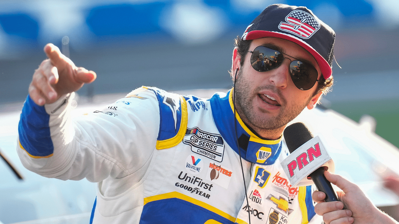 NASCAR Cup Series driver Chase Elliott (9) talks with media during Nascar Cup Practice at Charlotte Motor Speedway.