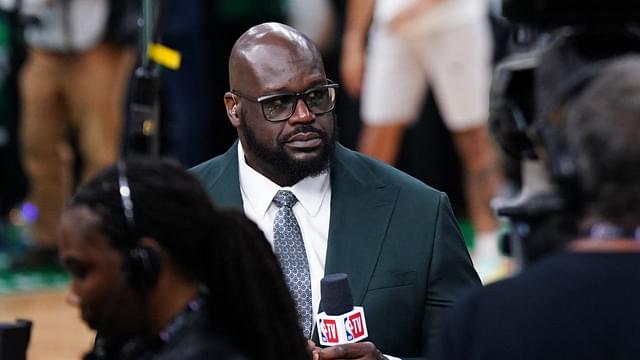 Shaquille O'Neal looks on before the game between the Boston Celtics and the Dallas Mavericks in game one of the 2024 NBA Finals at TD Garden.