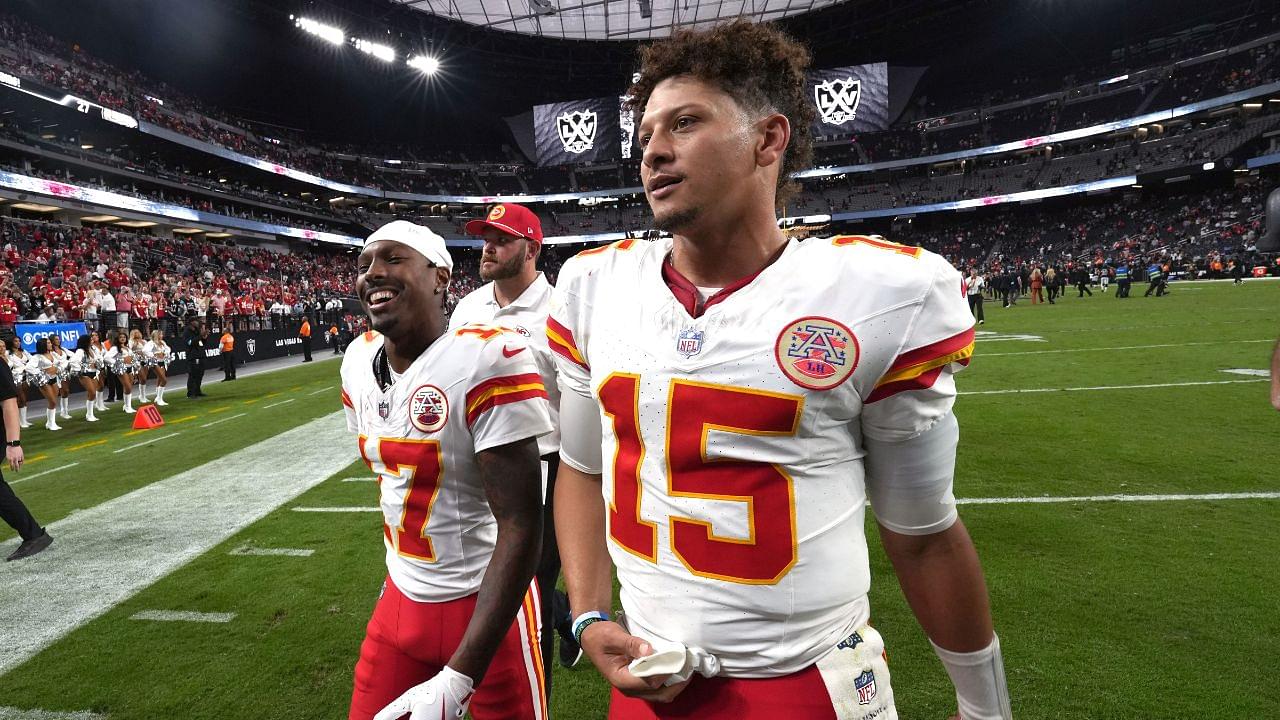 Kansas City Chiefs wide receiver Mecole Hardman (17) and quarterback Patrick Mahomes (15) leave the field after the game against the Las Vegas Raiders at Allegiant Stadium.