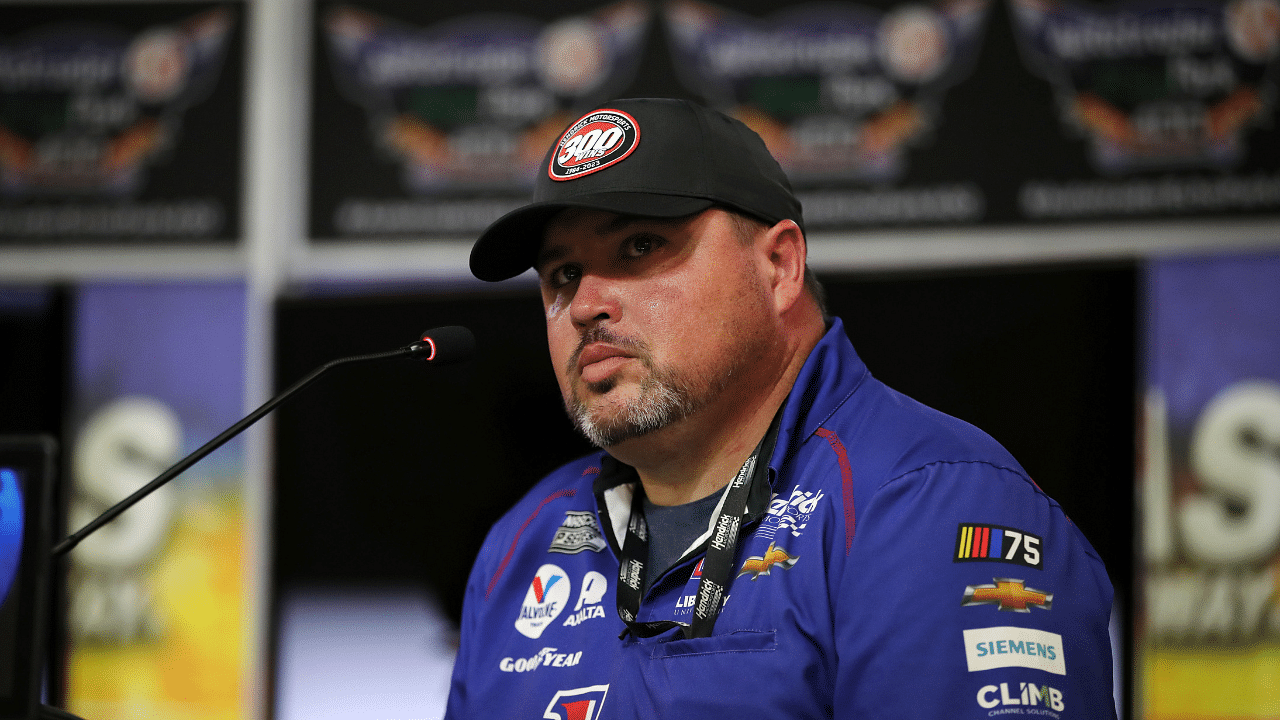 Winning crew chief Rudy Fugle for NASCAR Cup Series driver William Byron (24) addresses the media after the AutoTrader EcoPark Automotive 400 at Texas Motor Speedway