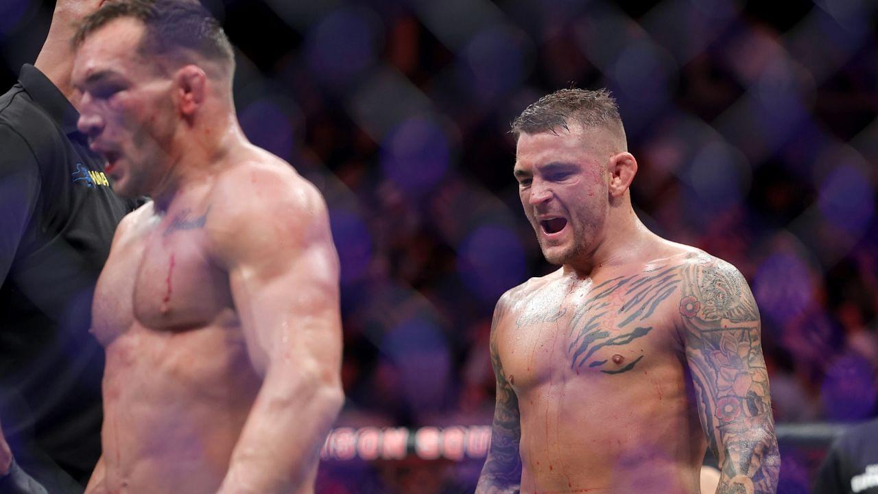 Dustin Poirier (red gloves) defeats Michael Chandler (blue gloves) during UFC 281 at Madison Square Garden.