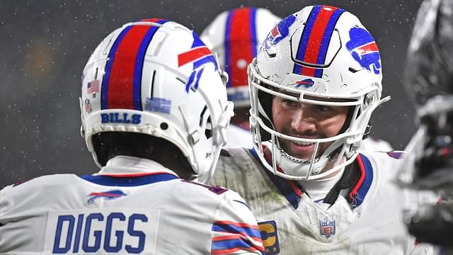 Buffalo Bills quarterback Josh Allen (17) and wide receiver Stefon Diggs (14) celebrate a touchdown against the Philadelphia Eagles against the Philadelphia Eagles at Lincoln Financial Field.