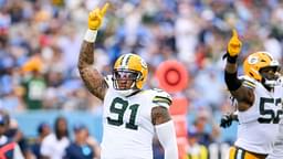 Green Bay Packers defensive end Preston Smith (91) celebrates his sack against the Tennessee Titans during the second half at Nissan Stadium.