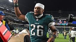 Philadelphia Eagles running back Saquon Barkley (26) runs off the field after win against the Washington Commanders at Lincoln Financial Field.