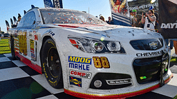 The 2014 Daytona 500 winning car of NASCAR Sprint Cup Series driver Dale Earnhardt Jr. with contingency sponsor labels such as Moog, Mahle etc.