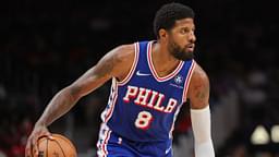 Oct 14, 2024; Atlanta, Georgia, USA; Philadelphia 76ers forward Paul George (8) dribbles against the Atlanta Hawks in the second quarter at State Farm Arena. Mandatory Credit: Brett Davis-Imagn Images