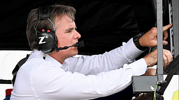 Jeff Gordon sits in the pit box of NASCAR Cup Series driver William Byron (24) ahead of the Brickyard 400, Sunday, July 21, 2024, at Indianapolis Motor Speedway.