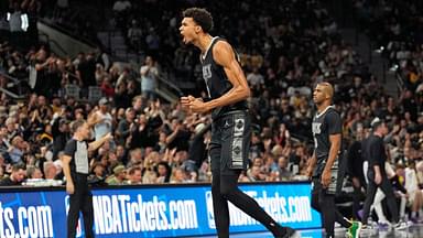 San Antonio Spurs center Victor Wembanyama (1) reacts during the second half against the Los Angeles Lakers at Frost Bank Center.