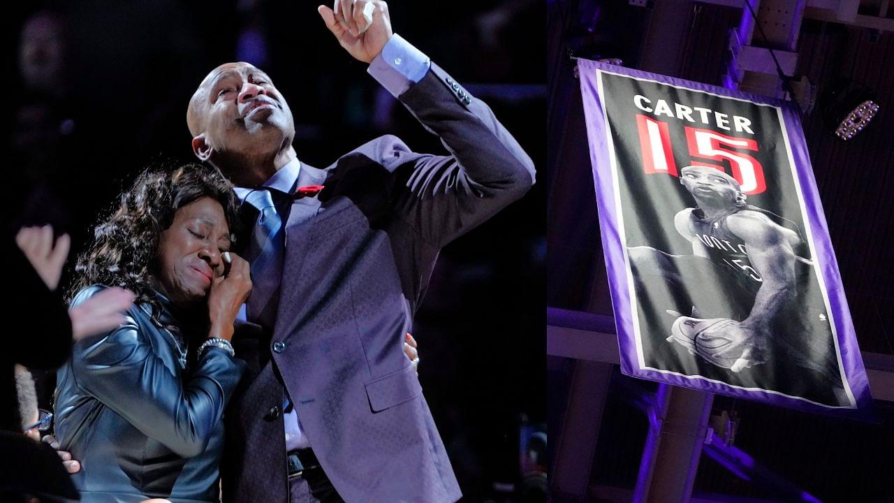 Vince Carter emotional witnessing his jersey being retired.