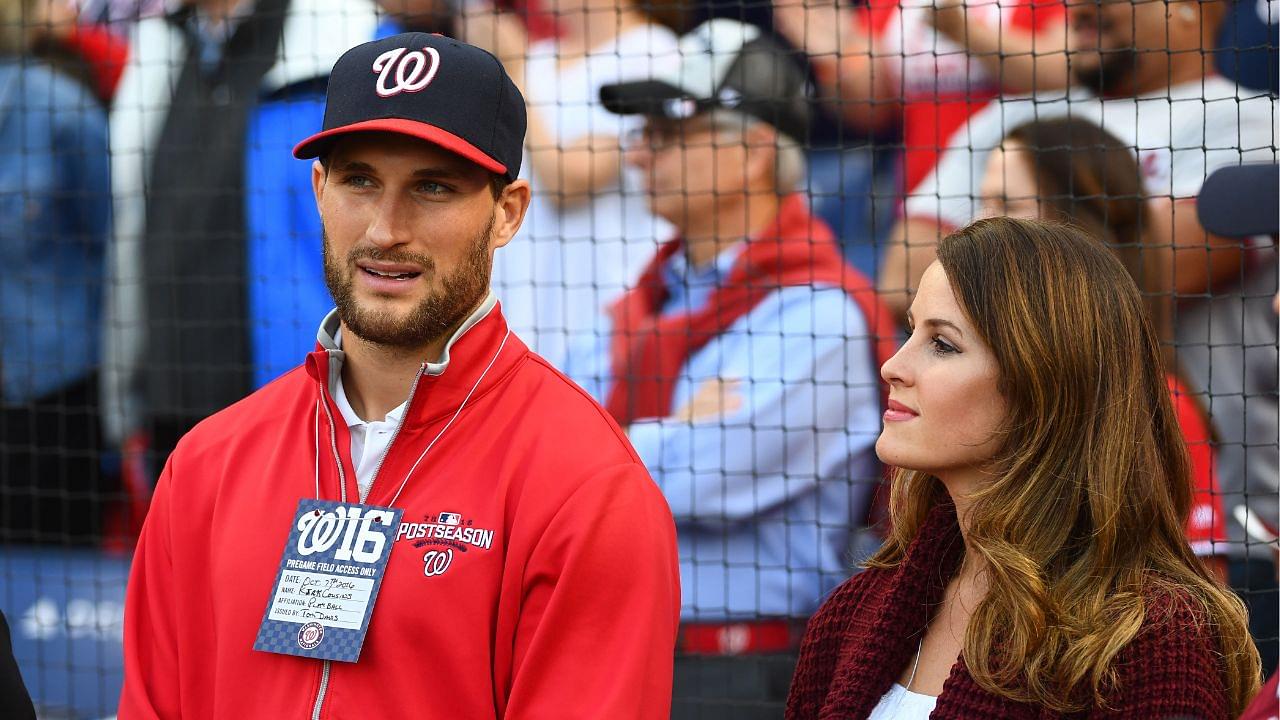 Washington Redskins quarterback Kirk Cousins (left) and wife Julie (right) look on before game one of the 2016 NLDS playoff baseball series between the Washington Nationals and the Los Angeles Dodgers at Nationals Park.