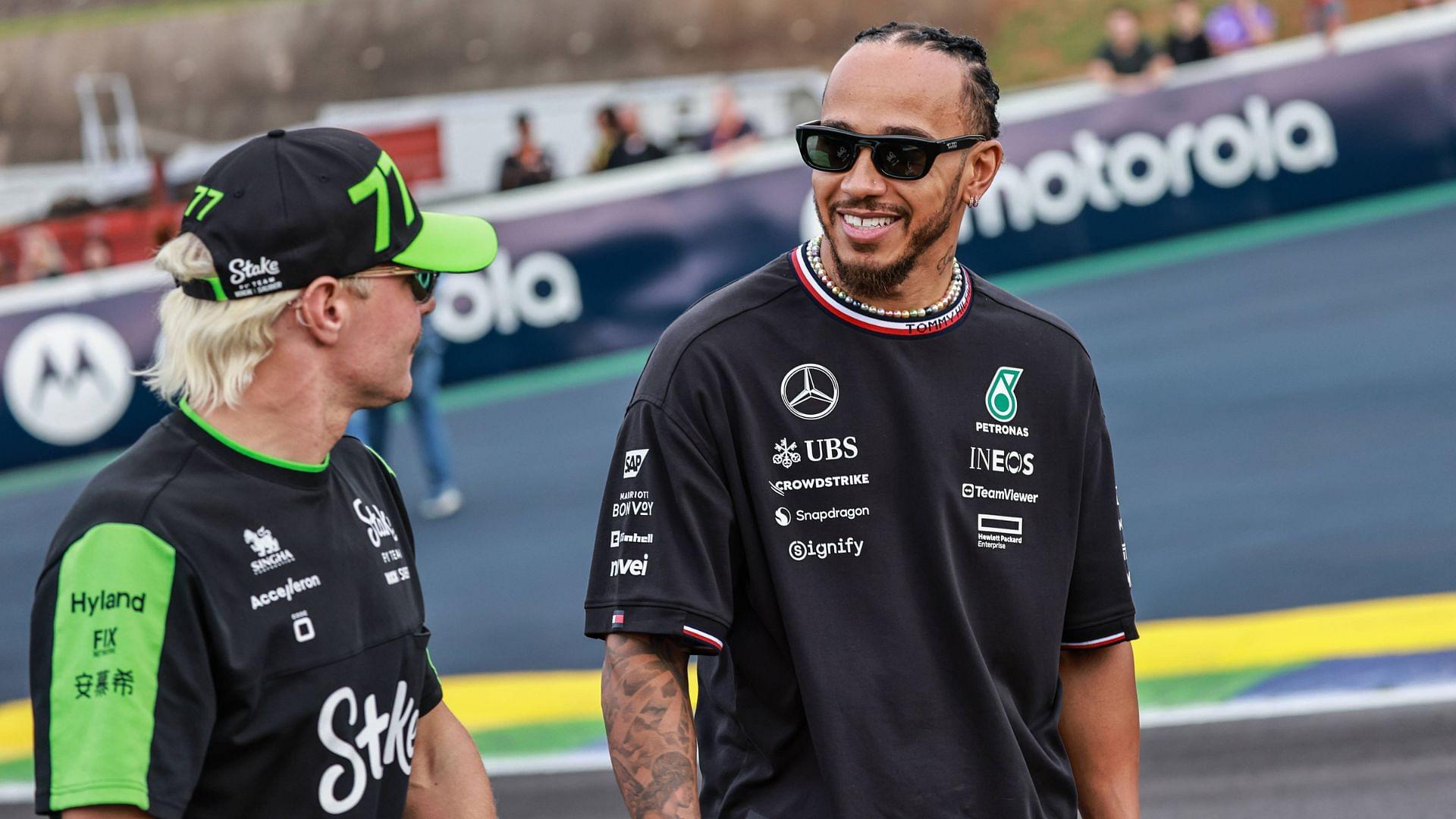 01.11.2024, xrarjax, Motorsport FIA Formel 1, Großer Preis von Brasilien 2024 emspor, v.l. Valteri Bottas (Sauber Stake F1 Team) Startnummer 77, Lewis Hamilton (Mercedes AMG Petronas) Startnummer 44 Sao Paulo